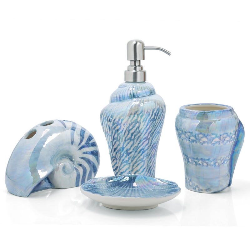 FORLONG Ocean Conch Sea Shell Ceramic Bathroom Accessories Set of 4,1 Gargle Cups 1 Toothbrush Holders 1 Soap Dishes 1 Soap Dispenser (Blue) - Image 1